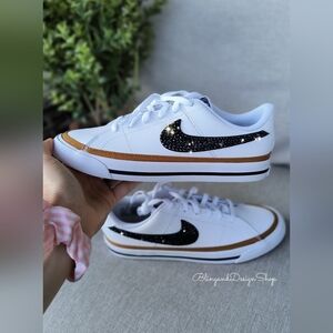 Bling Nike Court Legacy White Sneakers made with Black Crystals Custom Womens